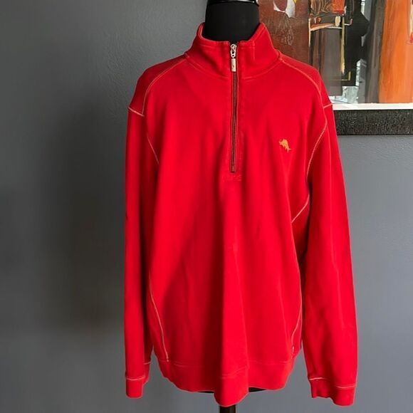 Tommy Bahama Relax red w/ orange topstitch ribbed quarter zip sweatshirt. Medium - Picture 1 of 8